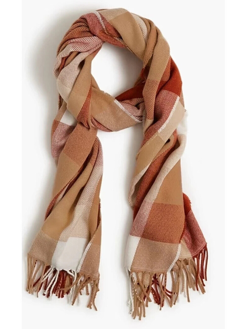 J.Crew Women's Classic Scarf Shawl Brown Tan Check Tassle Fringe 77” X 25”